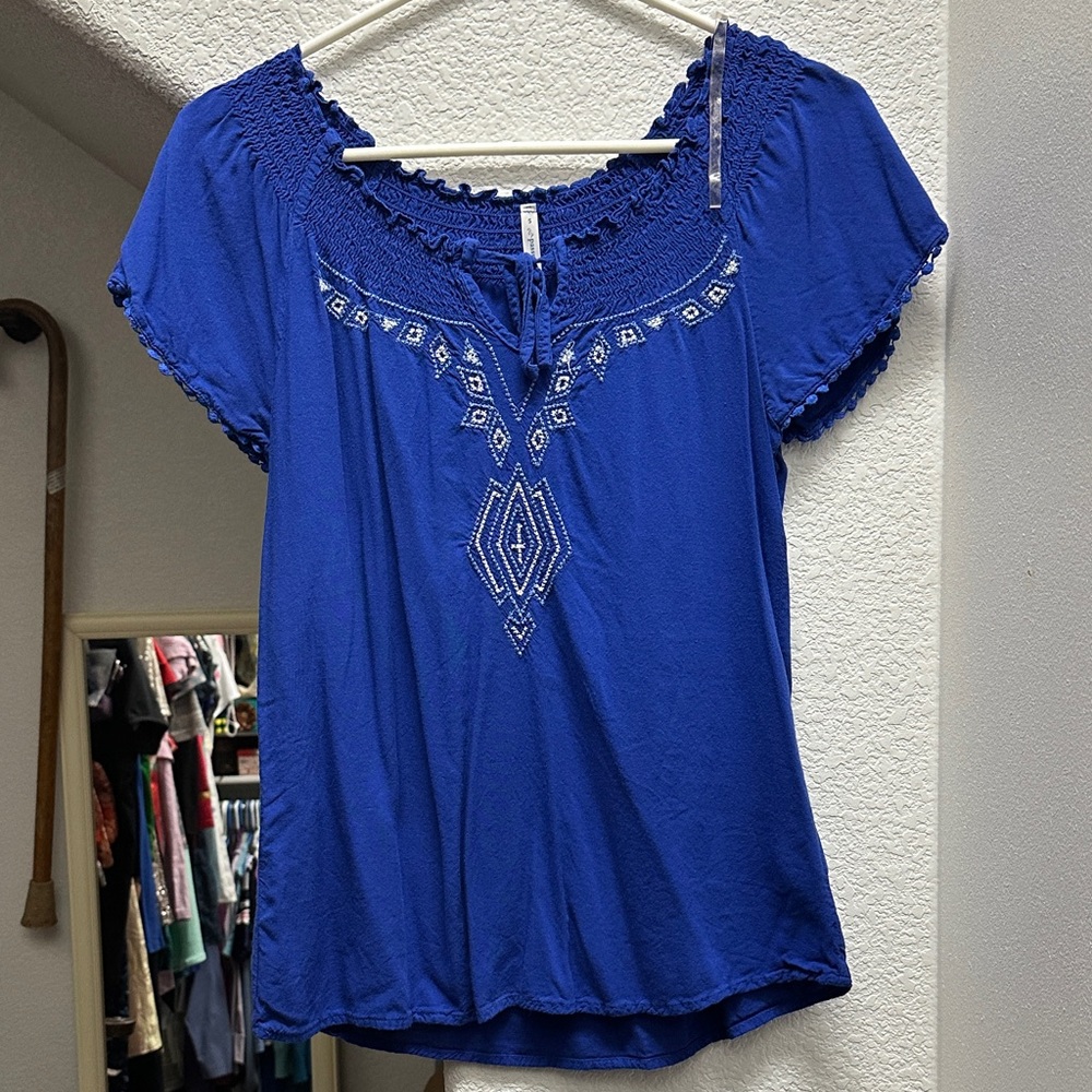 Blue Embroidered Peasant Style Women's Top Size S